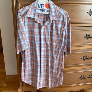Classic Short-Sleeve Plaid Button-Up Shirt - Orange & Blue